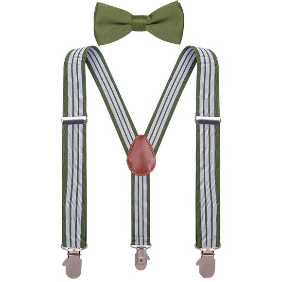 Unbranded Other - Suspenders & Bow NIP Green & White Tie Set 24” 9Mos-2T